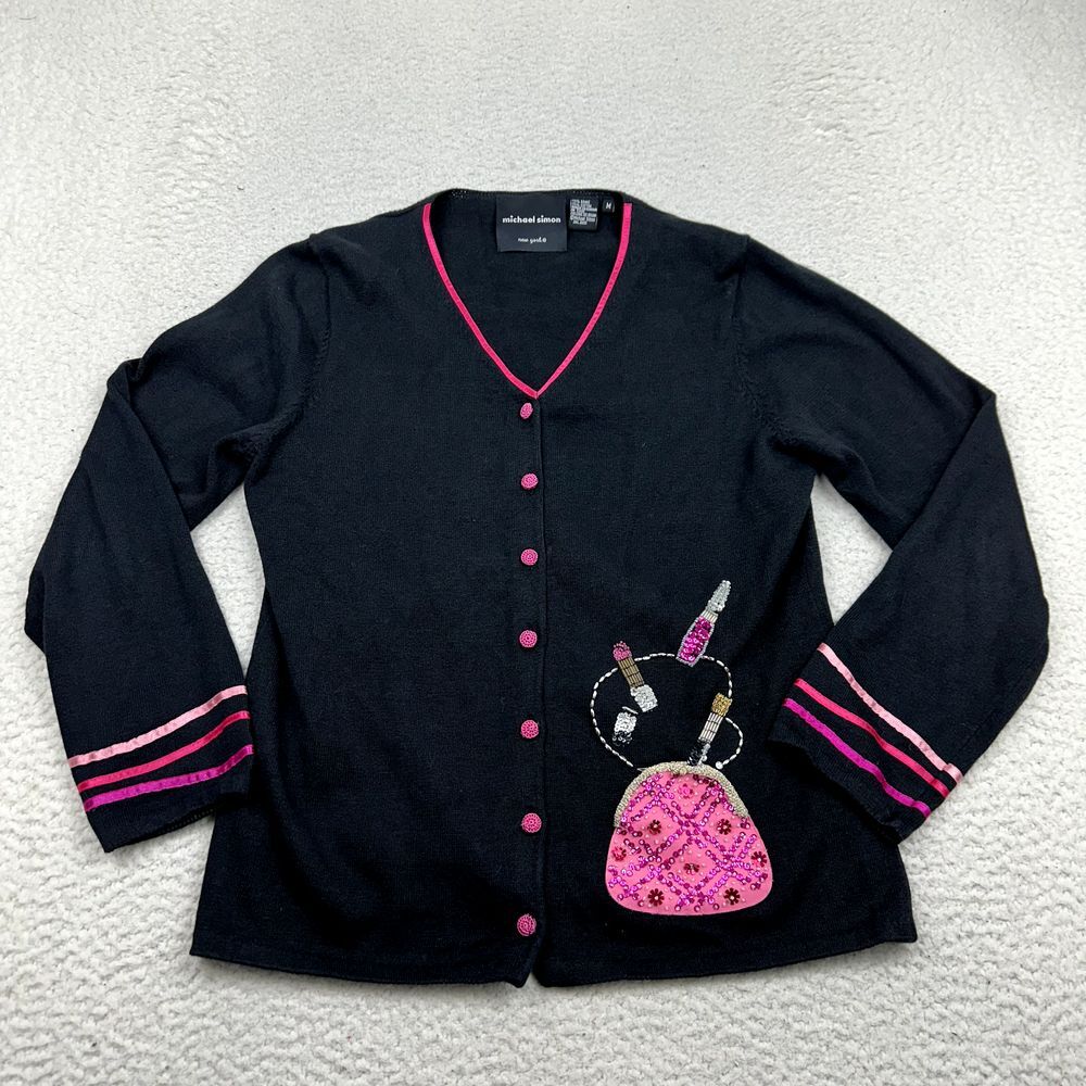 Michael Simon Cardigan Women's Medium Black Sequin Makeup Grandmacore Retro